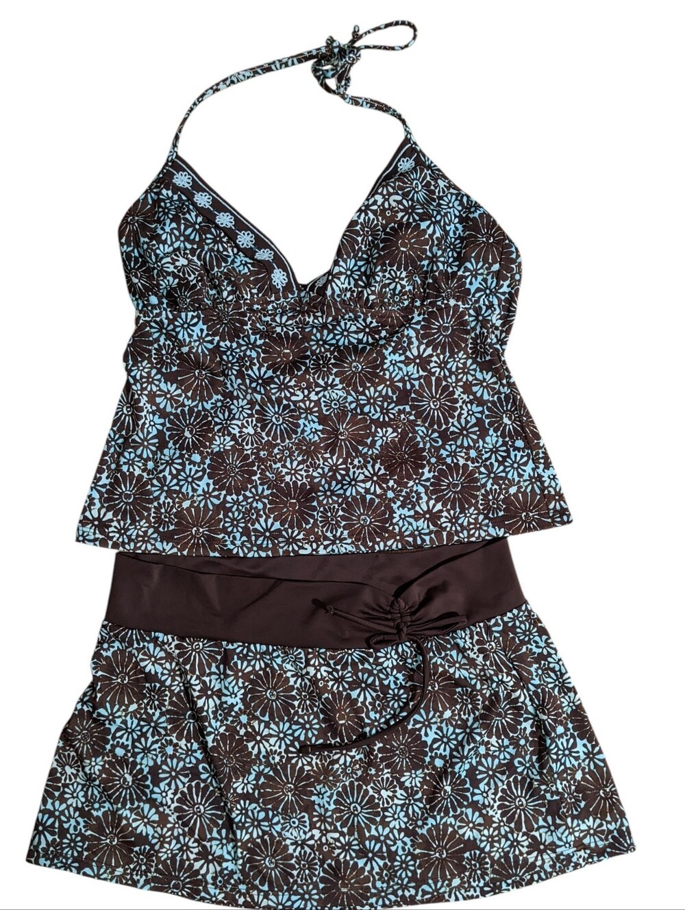 Leilani Floral Tankini 3 Piece Swim Set  Brown & Light Blue
